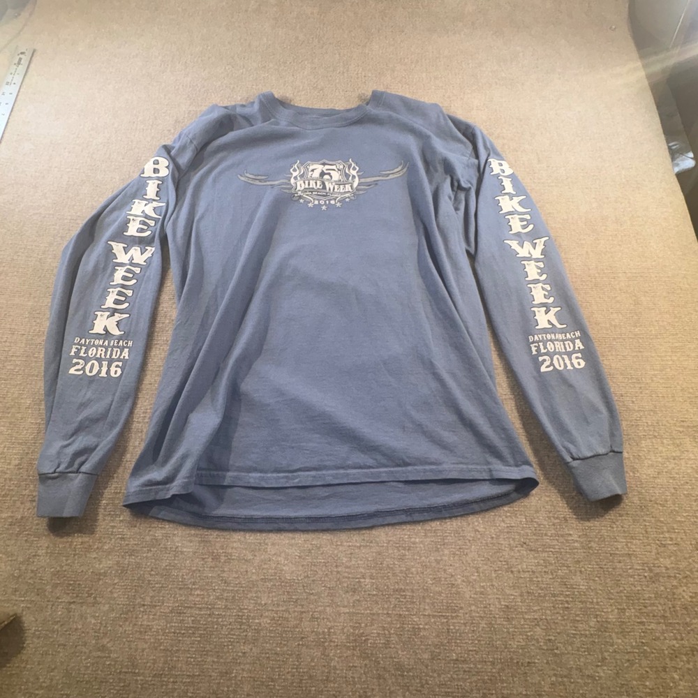 Gildan Daytona Beach Bike Week 2016 75th Anniversary Blue Long Sleeve Shirt L